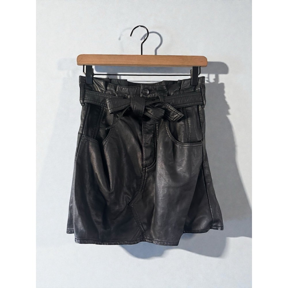 Free People Vegan Leather Paperbag Mini Skirt Black Sz 26 Belted Waist